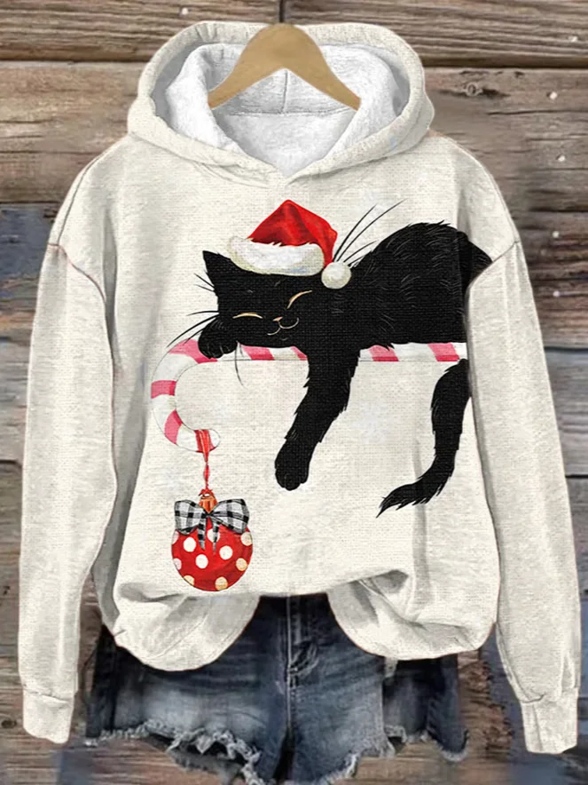 Women's Black Cat Christmas Print Casual Hoodie