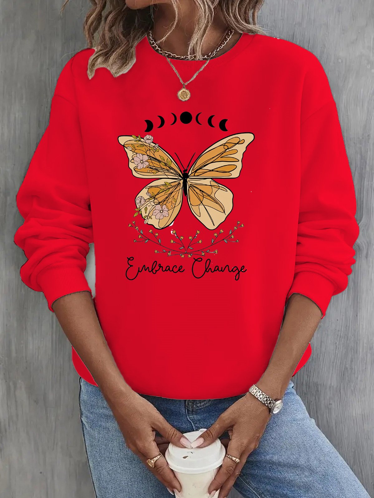 Loose Crew Neck Casual Butterfly Sweatshirt