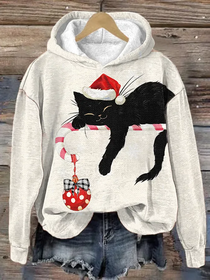 Women's Black Cat Christmas Print Casual Hoodie