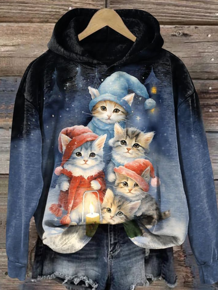 Women's Christmas Cat Art Print Casual Sweatshirt