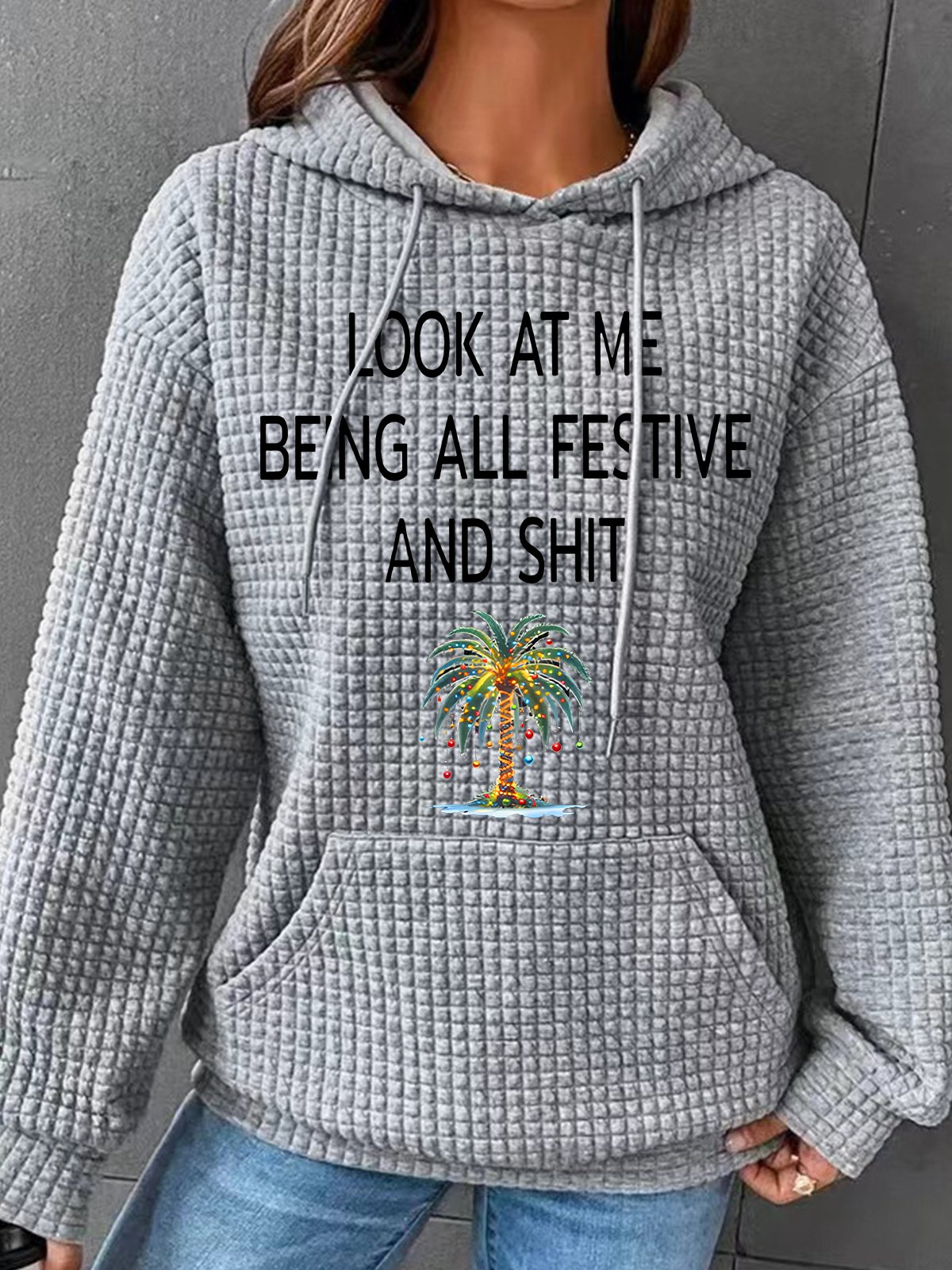 Women's Christmas Palm Tree Look At Me Being All Festive And Shit Printed Simple Loose Hoodie