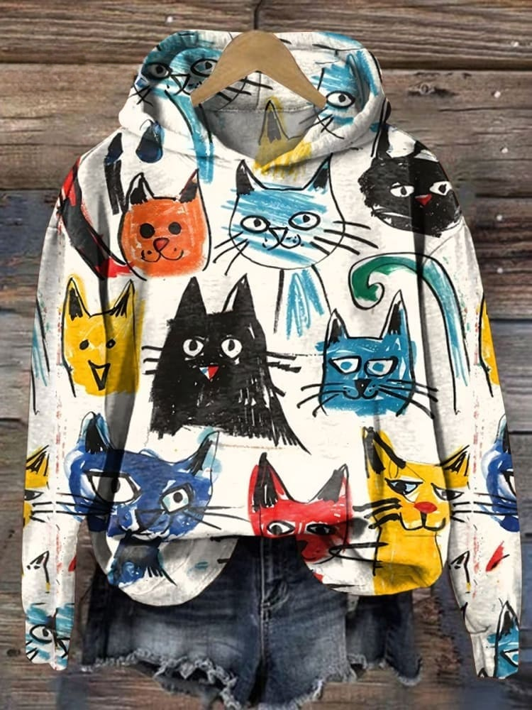 Funny Cat Loose Cotton Casual Hoodie Hoodie