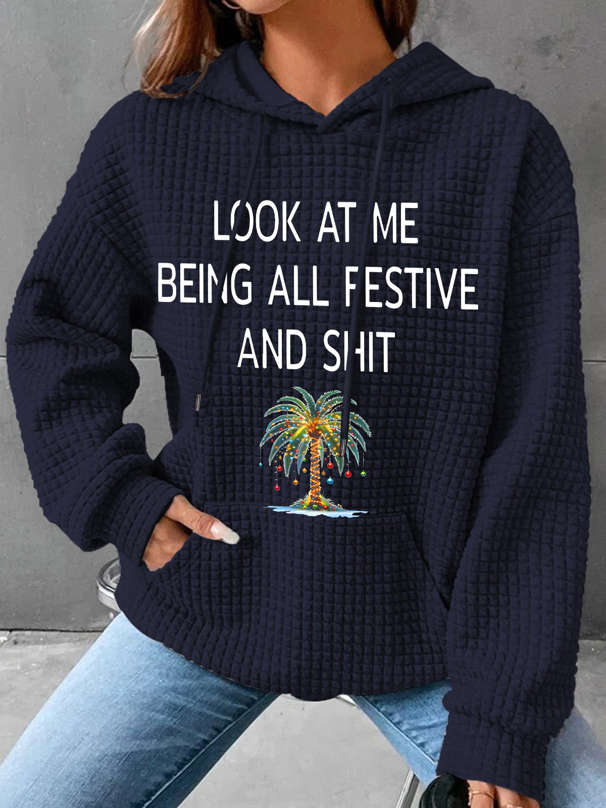 Women's Christmas Palm Tree Look At Me Being All Festive And Shit Printed Simple Loose Hoodie