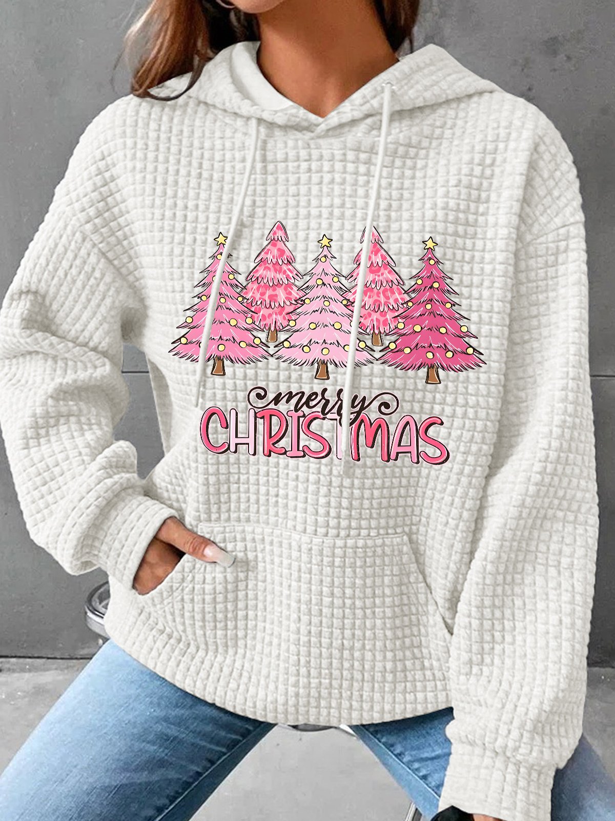 Pink Tree Christmas Simple Loose Hoodie