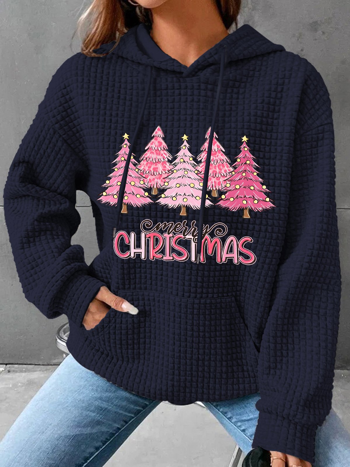 Pink Tree Christmas Simple Loose Hoodie