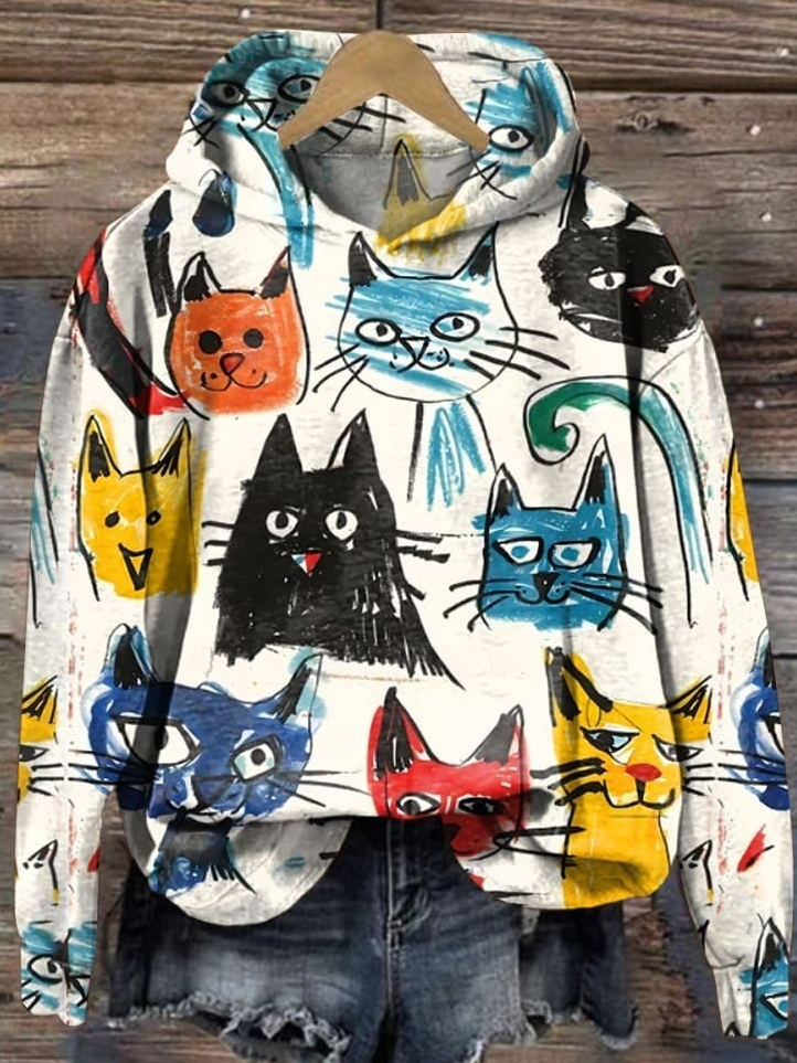 Funny Cat Loose Cotton Casual Hoodie Hoodie