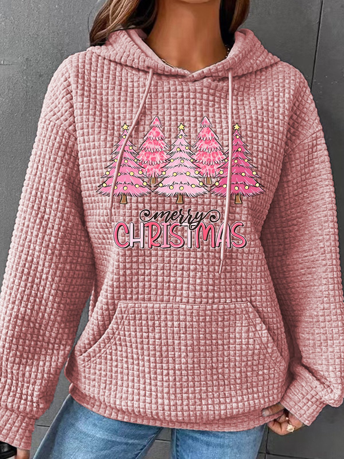 Pink Tree Christmas Simple Loose Hoodie