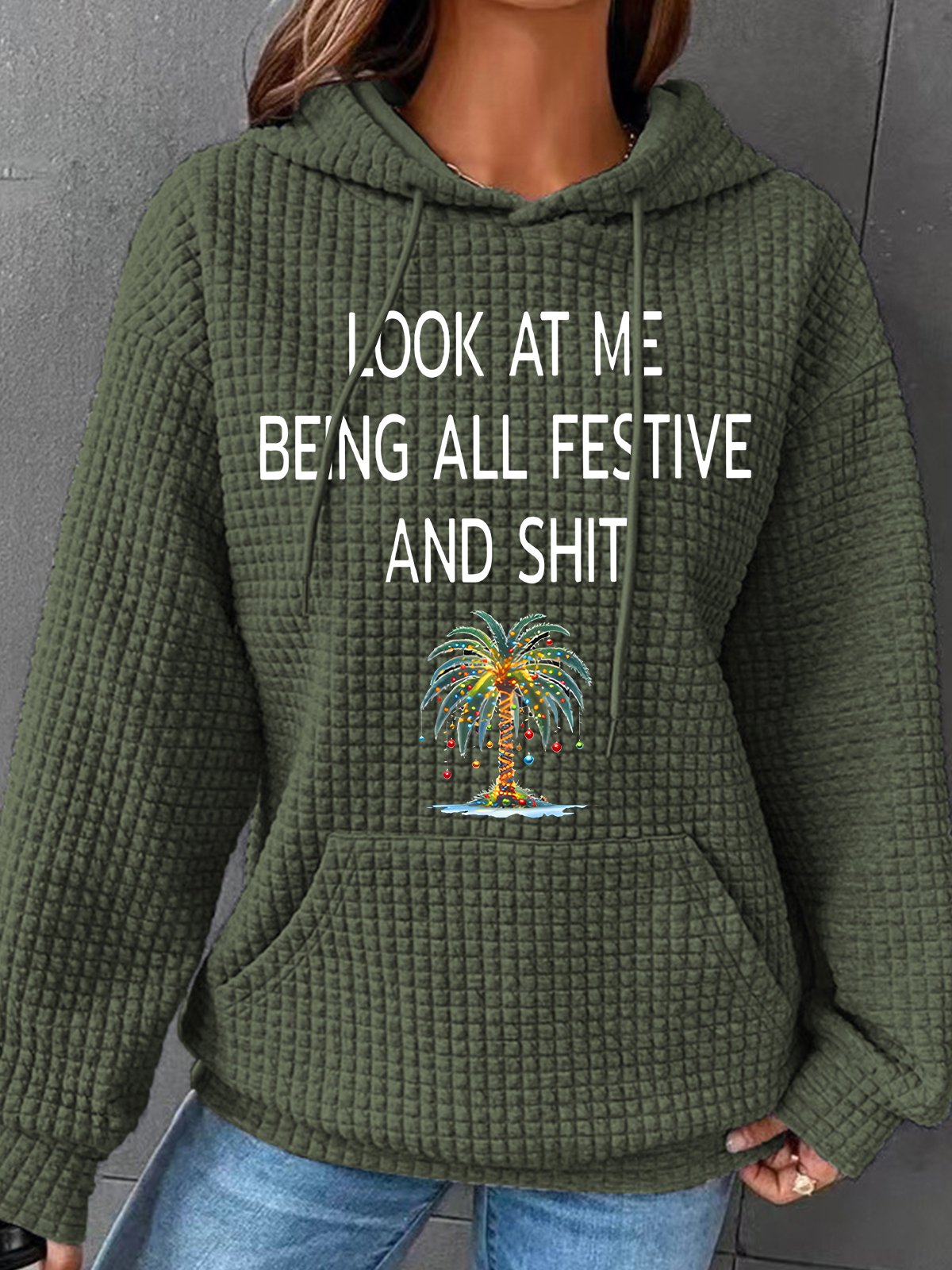 Women's Christmas Palm Tree Look At Me Being All Festive And Shit Printed Simple Loose Hoodie