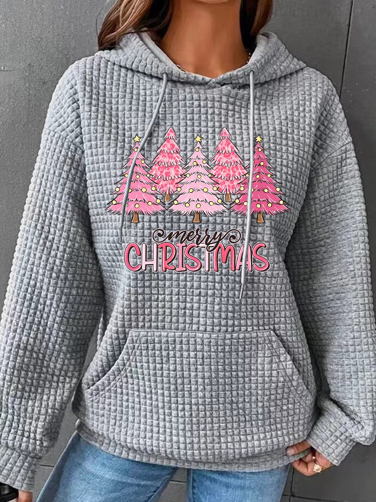 Pink Tree Christmas Simple Loose Hoodie