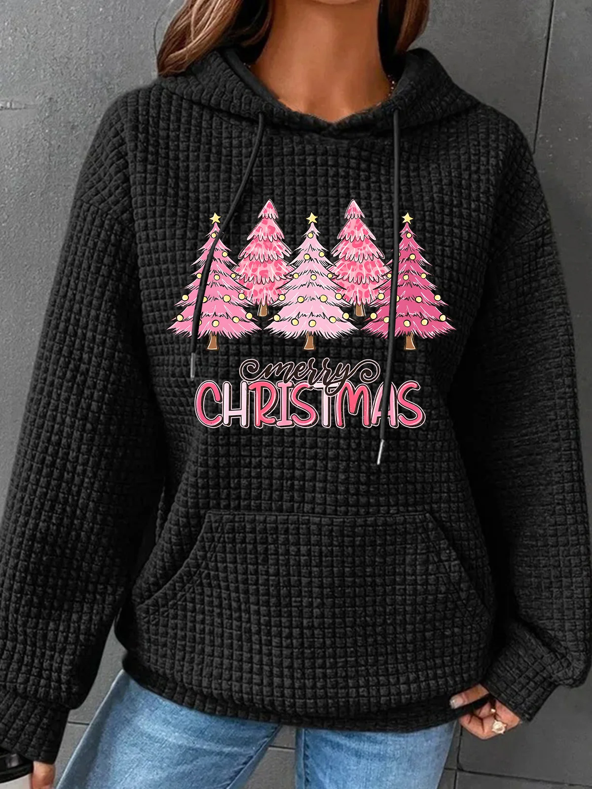 Pink Tree Christmas Simple Loose Hoodie