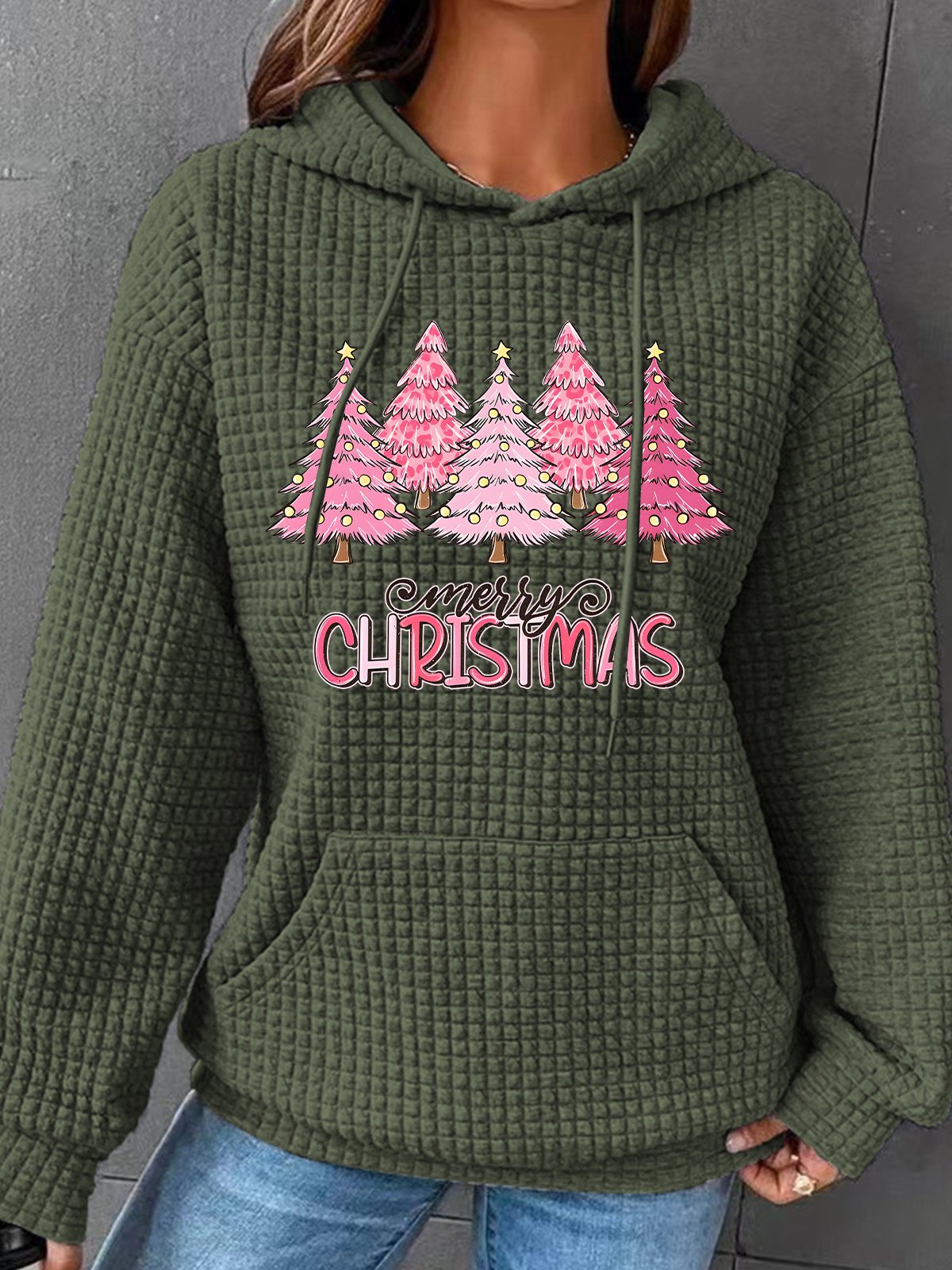 Pink Tree Christmas Simple Loose Hoodie