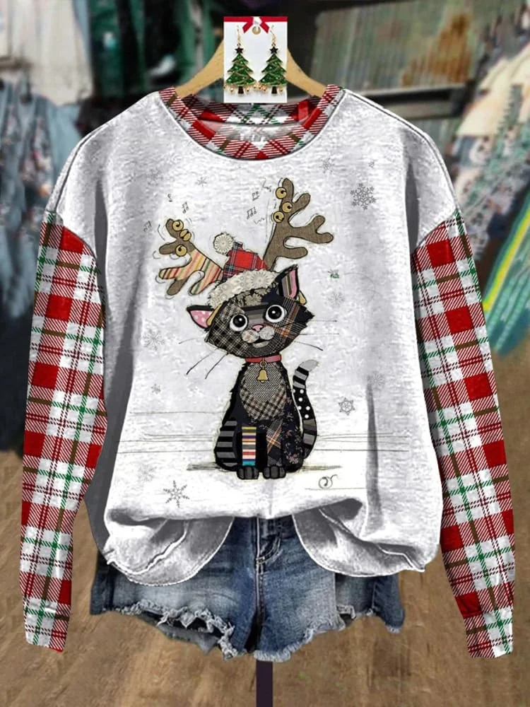 Lovely Christmas And Cat Graphic Printed Casual Sweatshirt