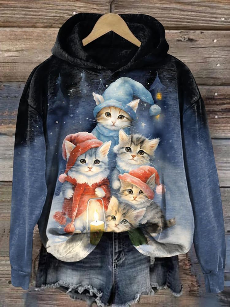 Women's Christmas Cat Art Print Casual Sweatshirt