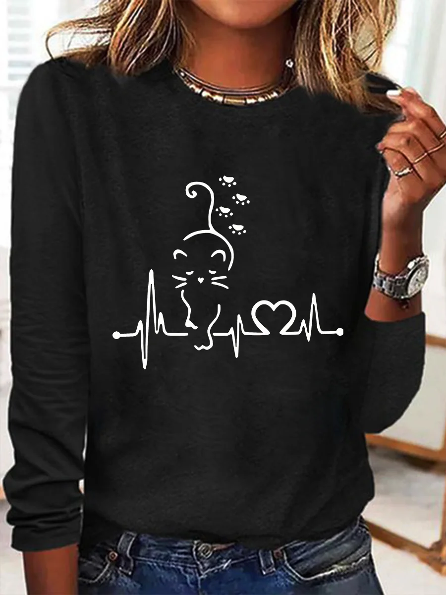 Cat Heartbeat Casual Long Sleeve Shirt