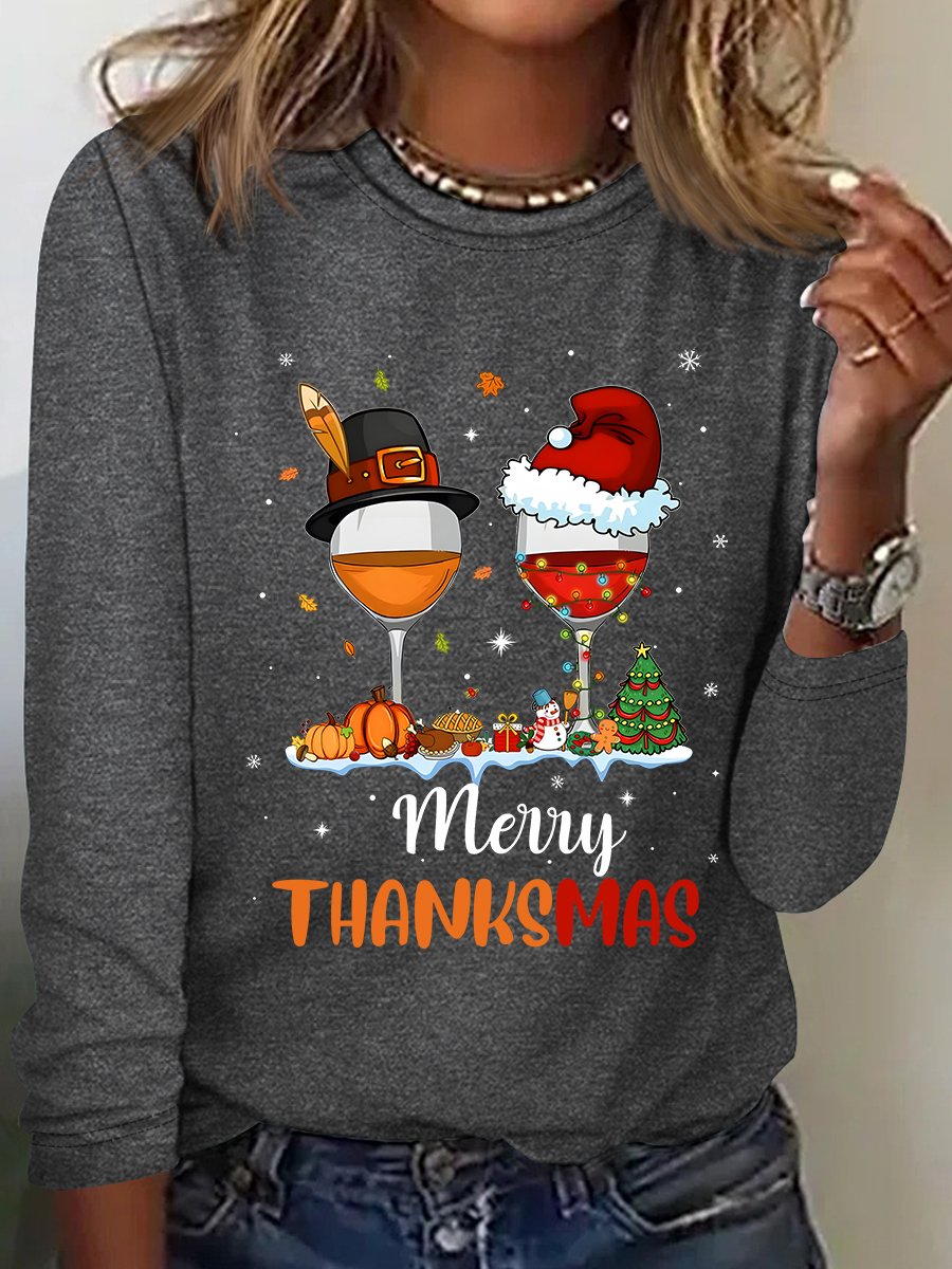 Funny Thanksgiving Christmas Happy Thanksmas Wine Casual Long Sleeve Shirt