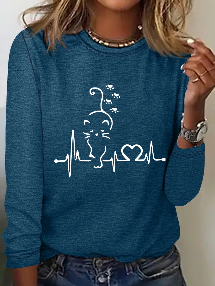 Cat Heartbeat Casual Long Sleeve Shirt