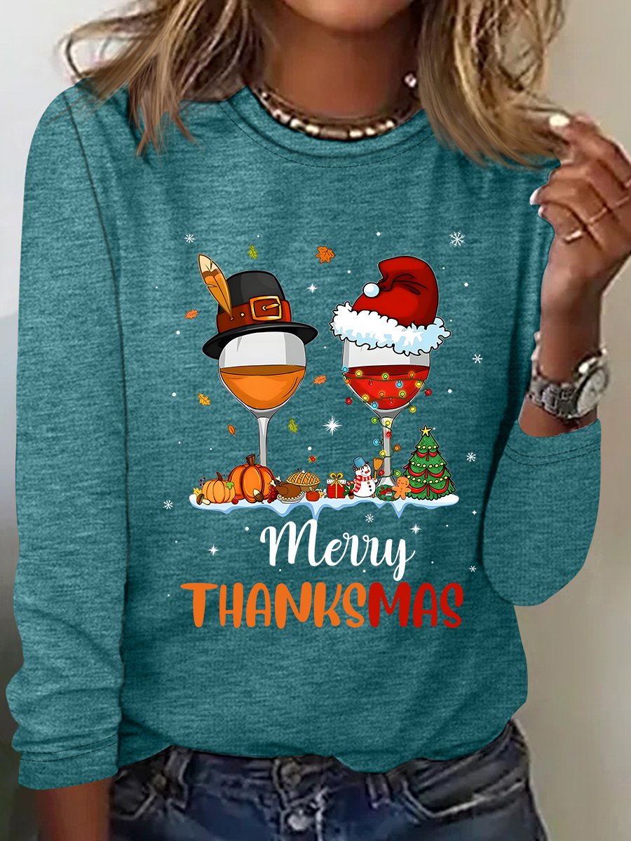 Funny Thanksgiving Christmas Happy Thanksmas Wine Casual Long Sleeve Shirt