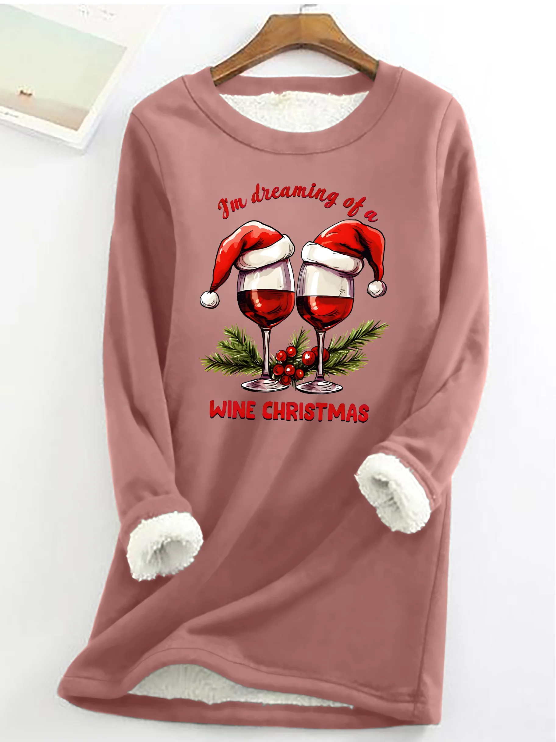 Christmas Wine Party Santa Hat Casual Fluff Fleece Fabric Sweatshirt