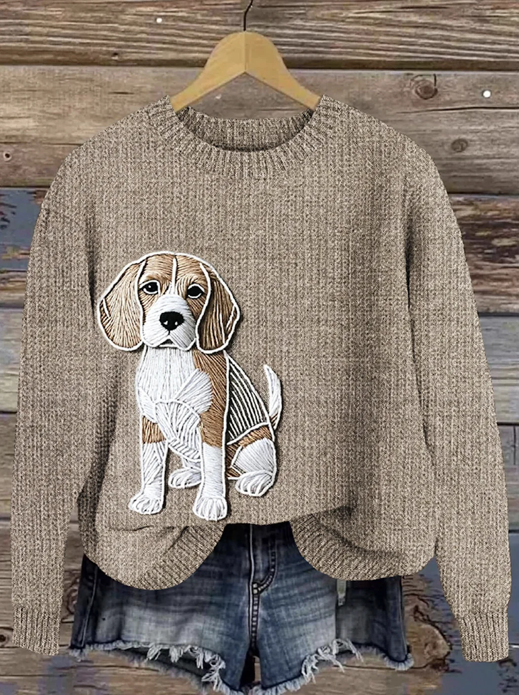 Cute pet dog art knit round neck sweater