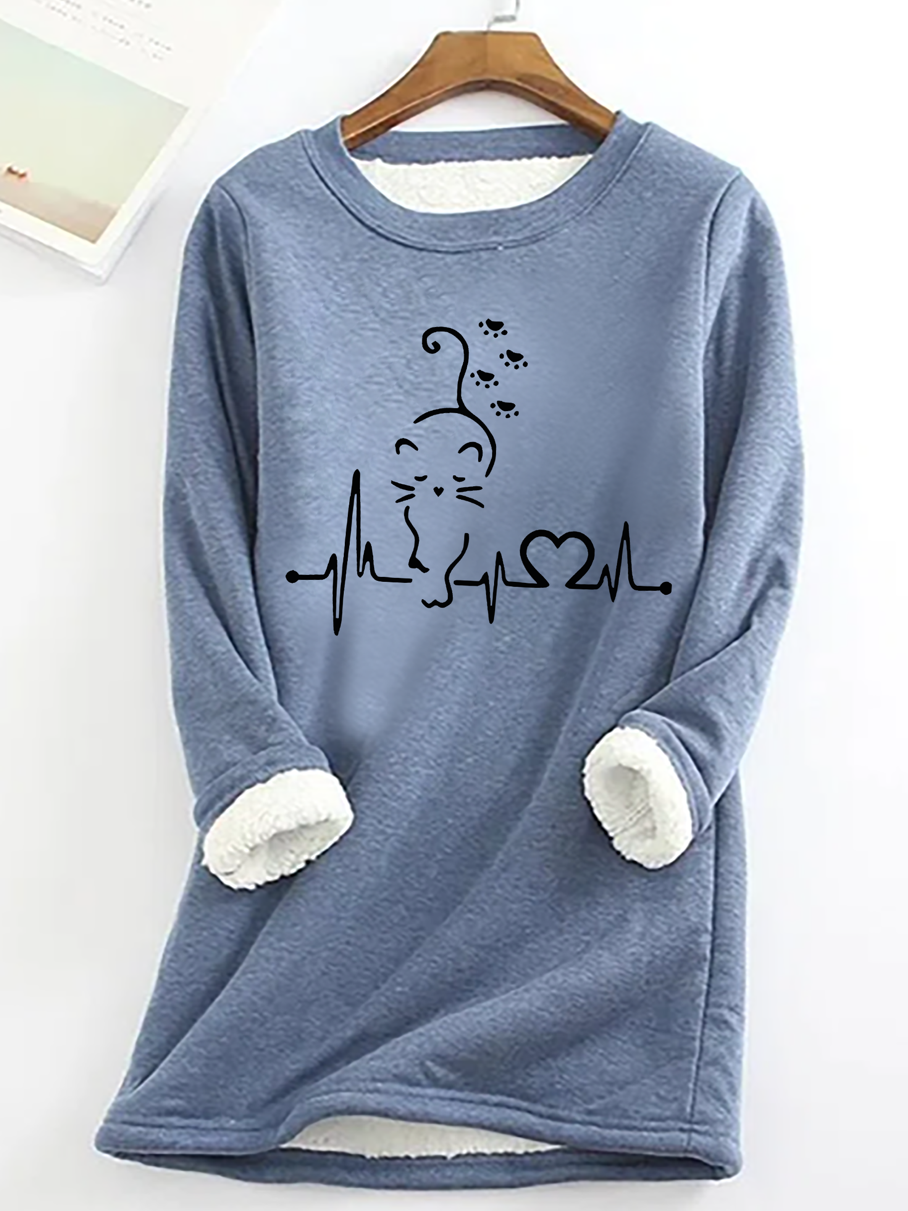 Cat Heartbeat Casual Fluff Fleece Fabric Sweatshirt