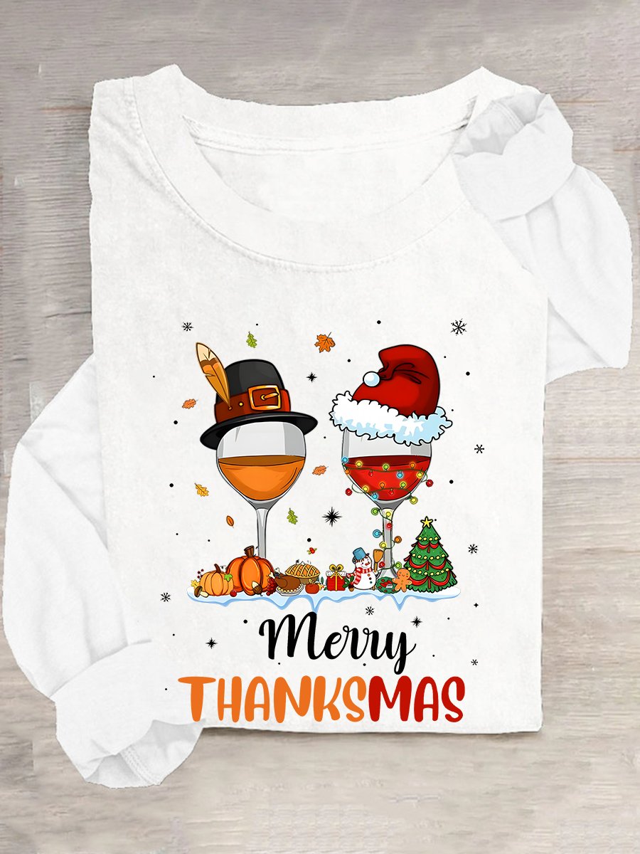 Funny Thanksgiving Christmas Happy Thanksmas Wine Casual Long Sleeve Shirt