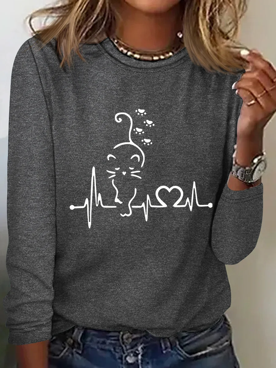 Cat Heartbeat Casual Long Sleeve Shirt