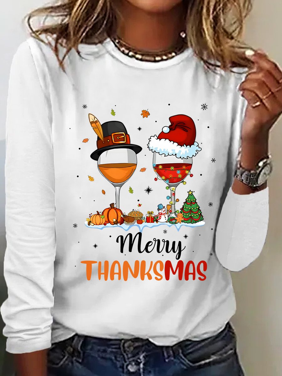 Funny Thanksgiving Christmas Happy Thanksmas Wine Casual Long Sleeve Shirt