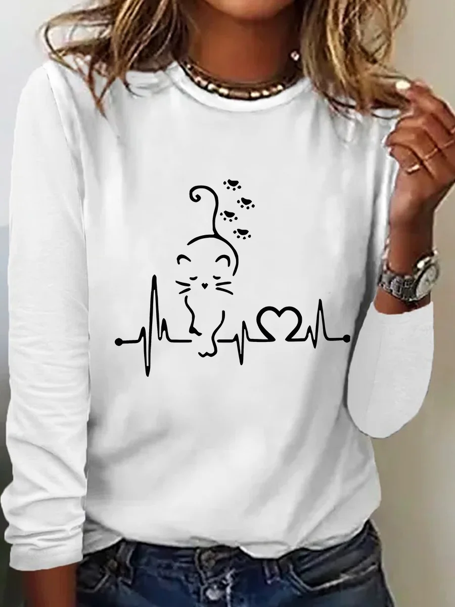 Cat Heartbeat Casual Long Sleeve Shirt