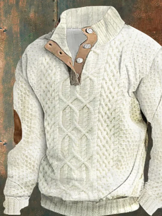 Men's Twists Braid Printed Standing Collar Button Casual Sweatshirt