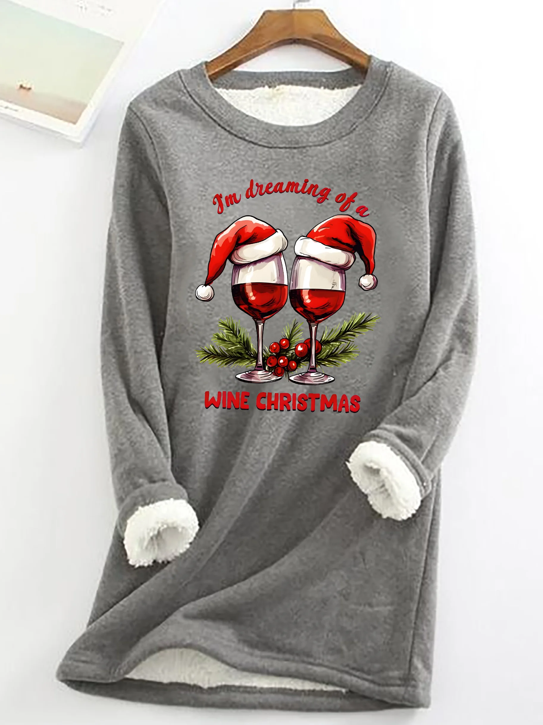 Christmas Wine Party Santa Hat Casual Fluff Fleece Fabric Sweatshirt