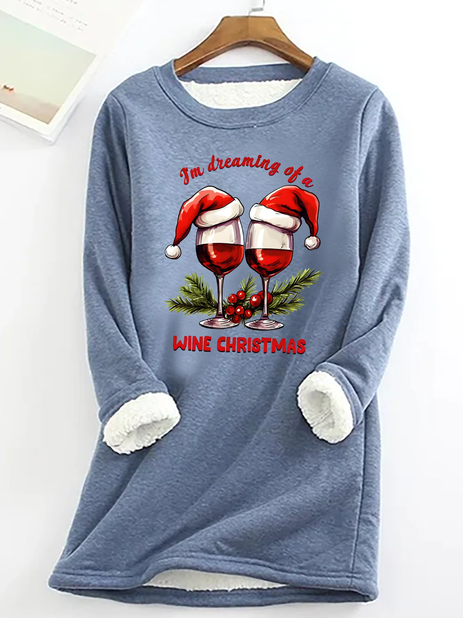 Christmas Wine Party Santa Hat Casual Fluff Fleece Fabric Sweatshirt