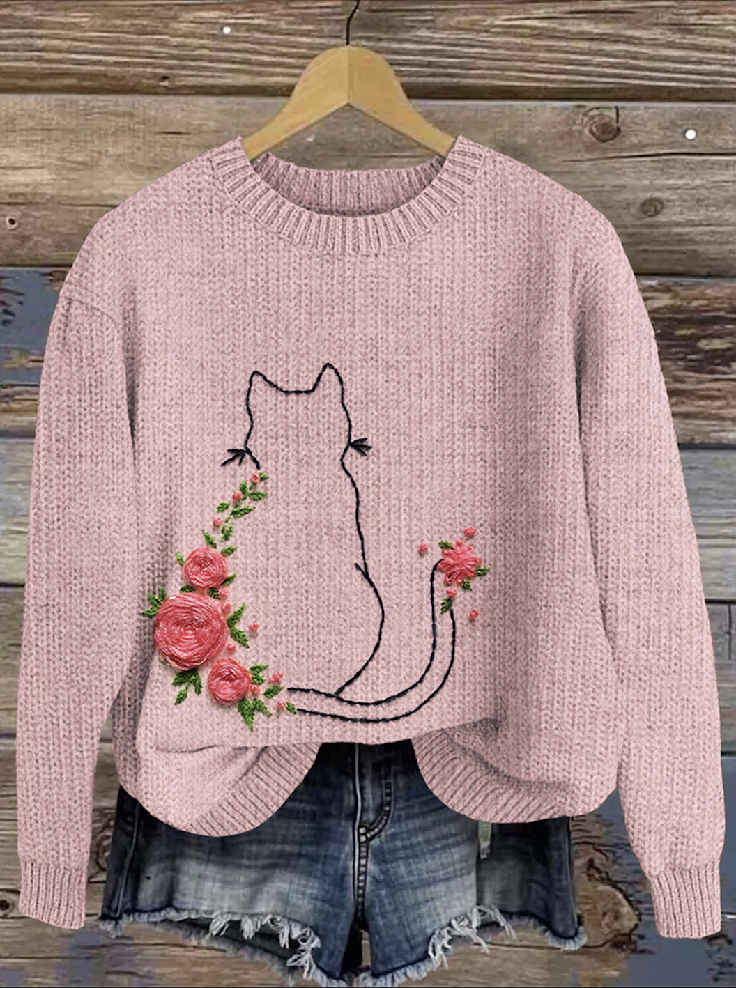 Plant Flower Cat Art Round Neck Sweater