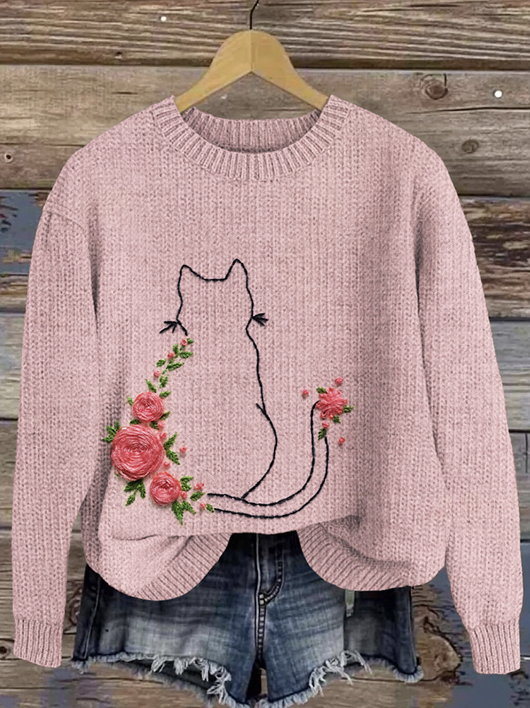 Plant Flower Cat Art Round Neck Sweater