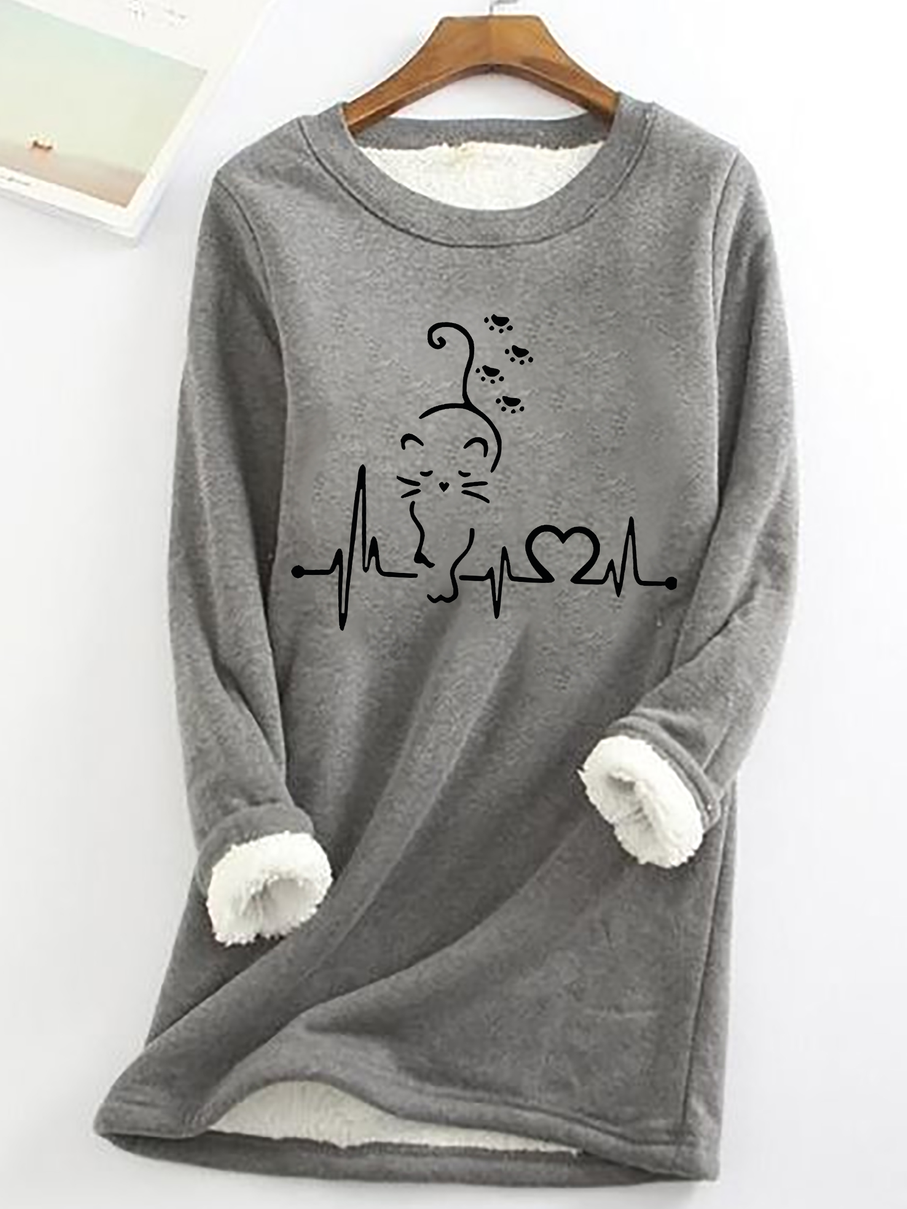 Cat Heartbeat Casual Fluff Fleece Fabric Sweatshirt