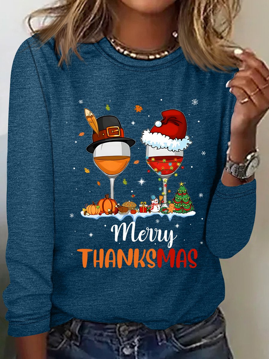 Funny Thanksgiving Christmas Happy Thanksmas Wine Casual Long Sleeve Shirt