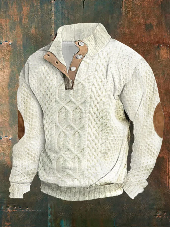 Men's Twists Braid Printed Standing Collar Button Casual Sweatshirt