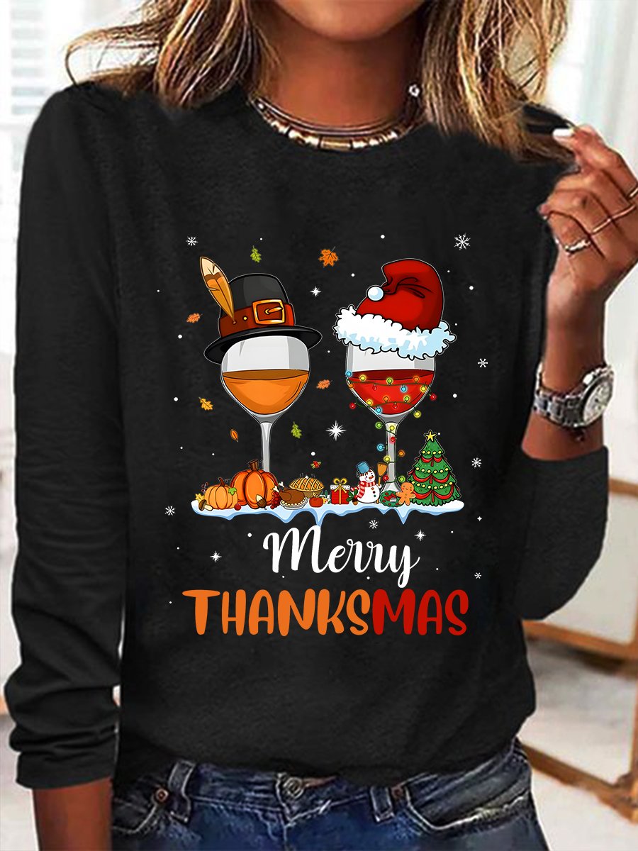 Funny Thanksgiving Christmas Happy Thanksmas Wine Casual Long Sleeve Shirt