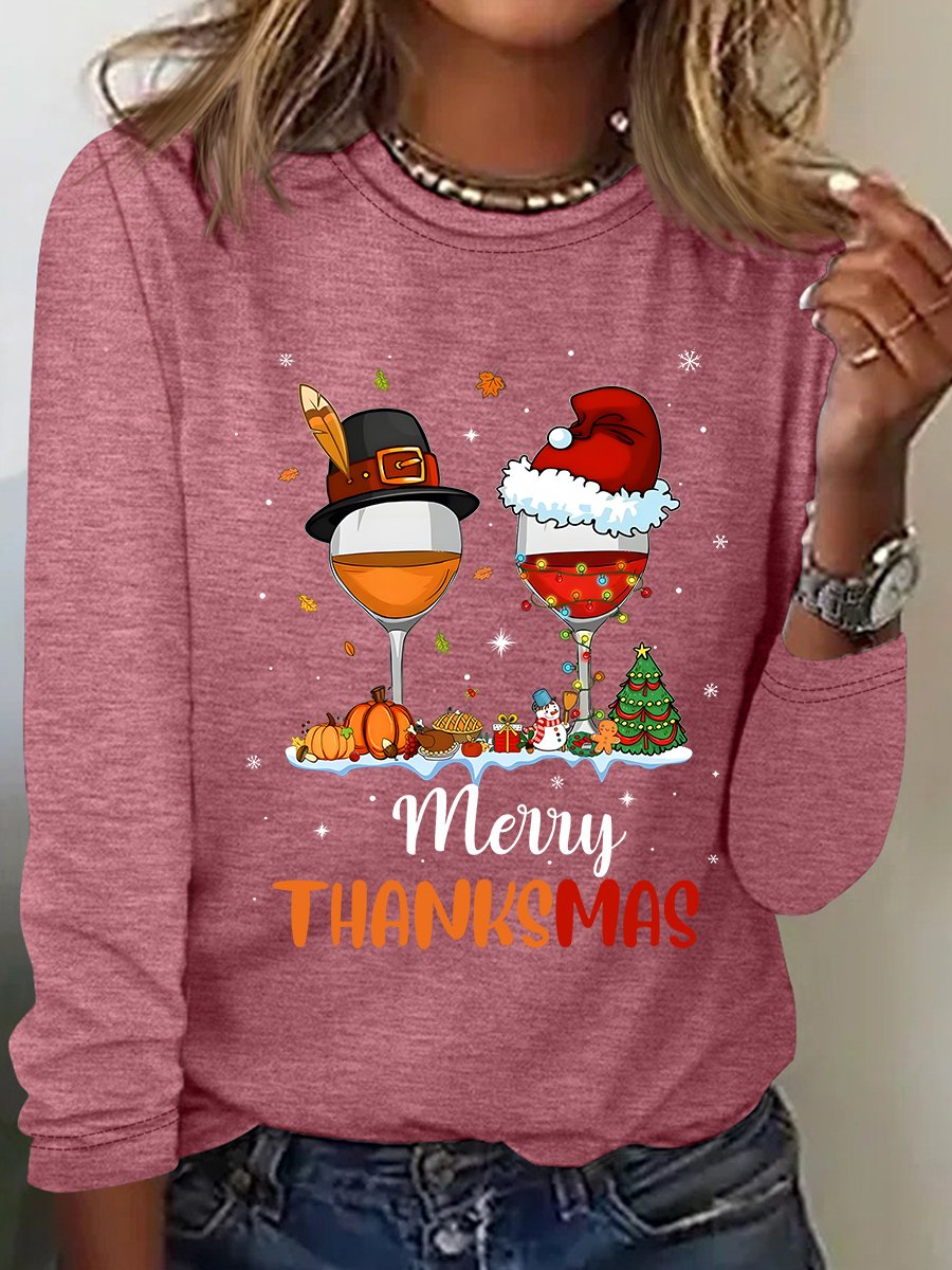 Funny Thanksgiving Christmas Happy Thanksmas Wine Casual Long Sleeve Shirt