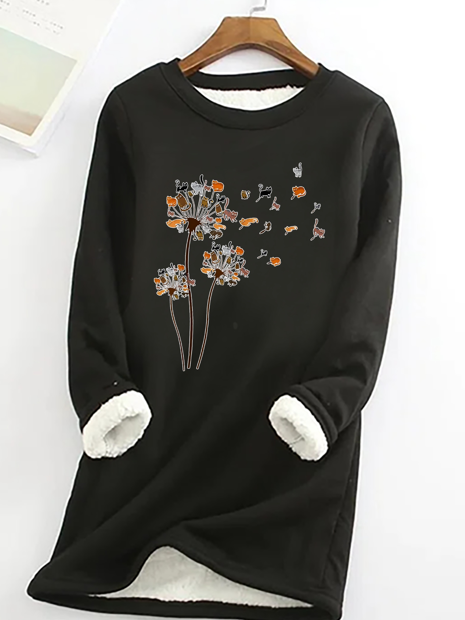 Cats Flower Fly Dandelion Casual Fluff Fleece Fabric Sweatshirt