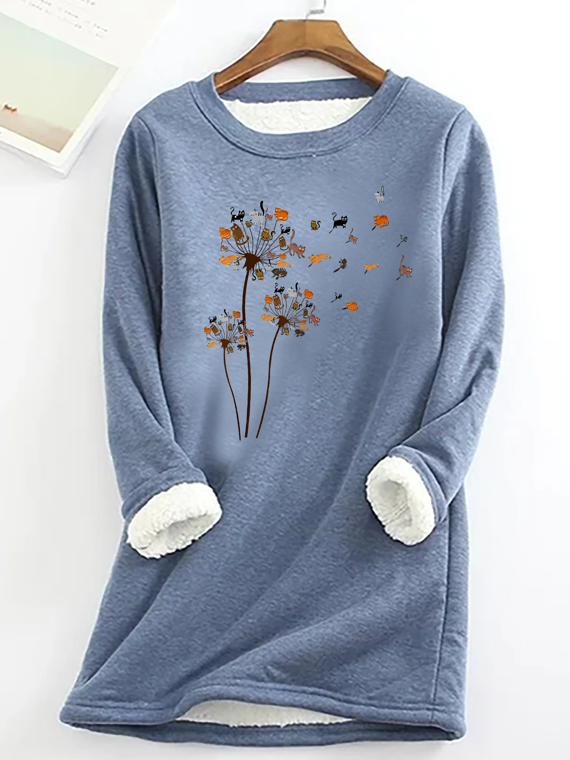 Cats Flower Fly Dandelion Casual Fluff Fleece Fabric Sweatshirt