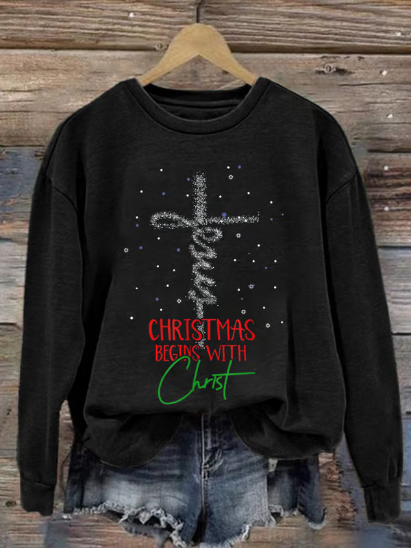 Women's Christmas Begins With Christ Snowman Print Round Neck Sweatshirt