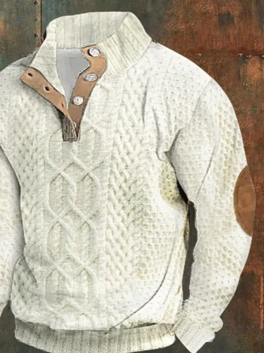 Men's Twists Braid Printed Standing Collar Button Casual Sweatshirt