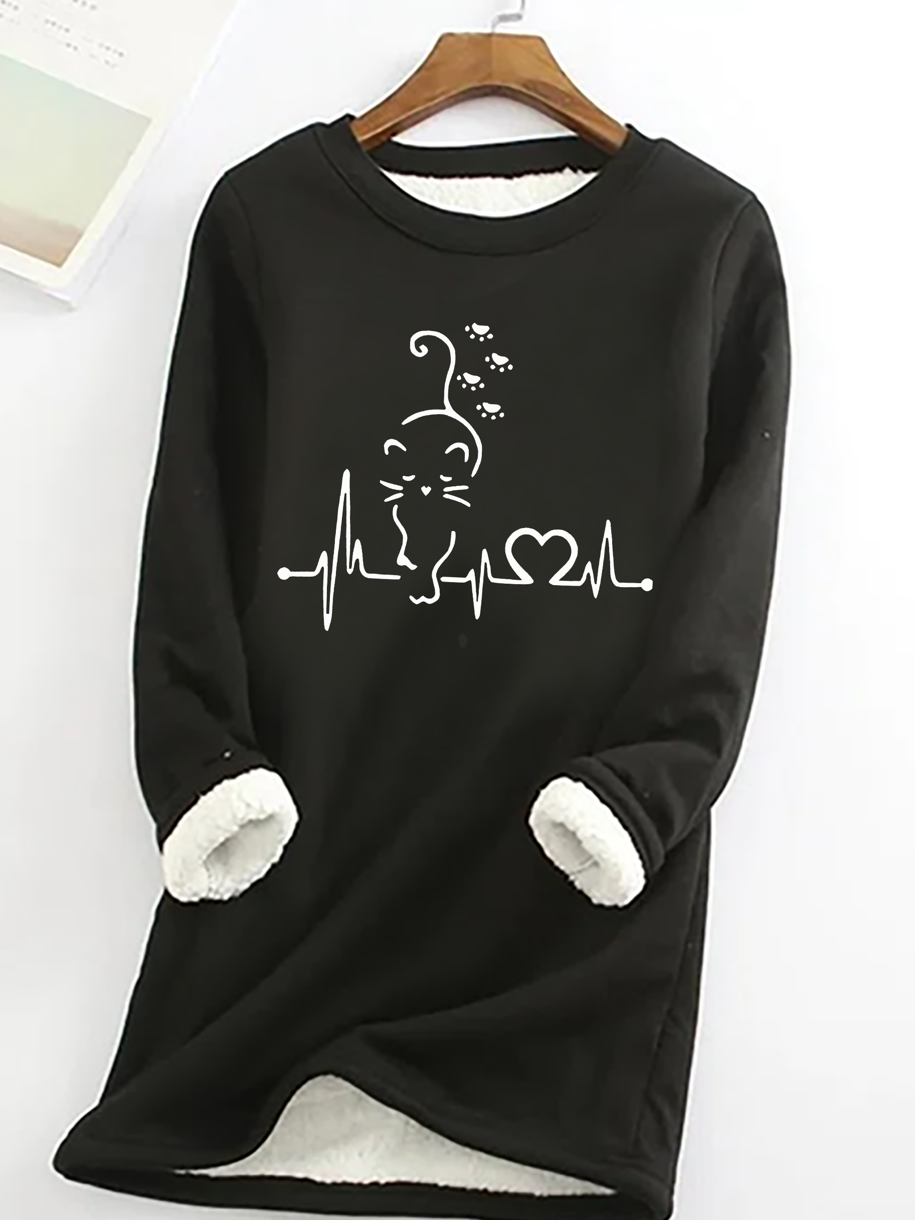 Cat Heartbeat Casual Fluff Fleece Fabric Sweatshirt