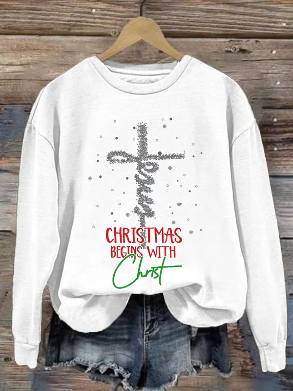 Women's Christmas Begins With Christ Snowman Print Round Neck Sweatshirt