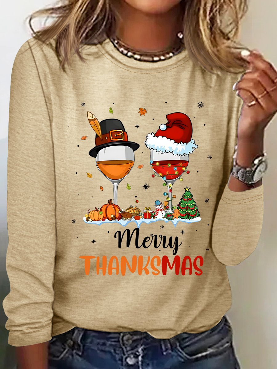 Funny Thanksgiving Christmas Happy Thanksmas Wine Casual Long Sleeve Shirt