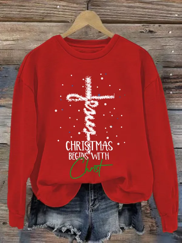 Women's Christmas Begins With Christ Snowman Print Round Neck Sweatshirt