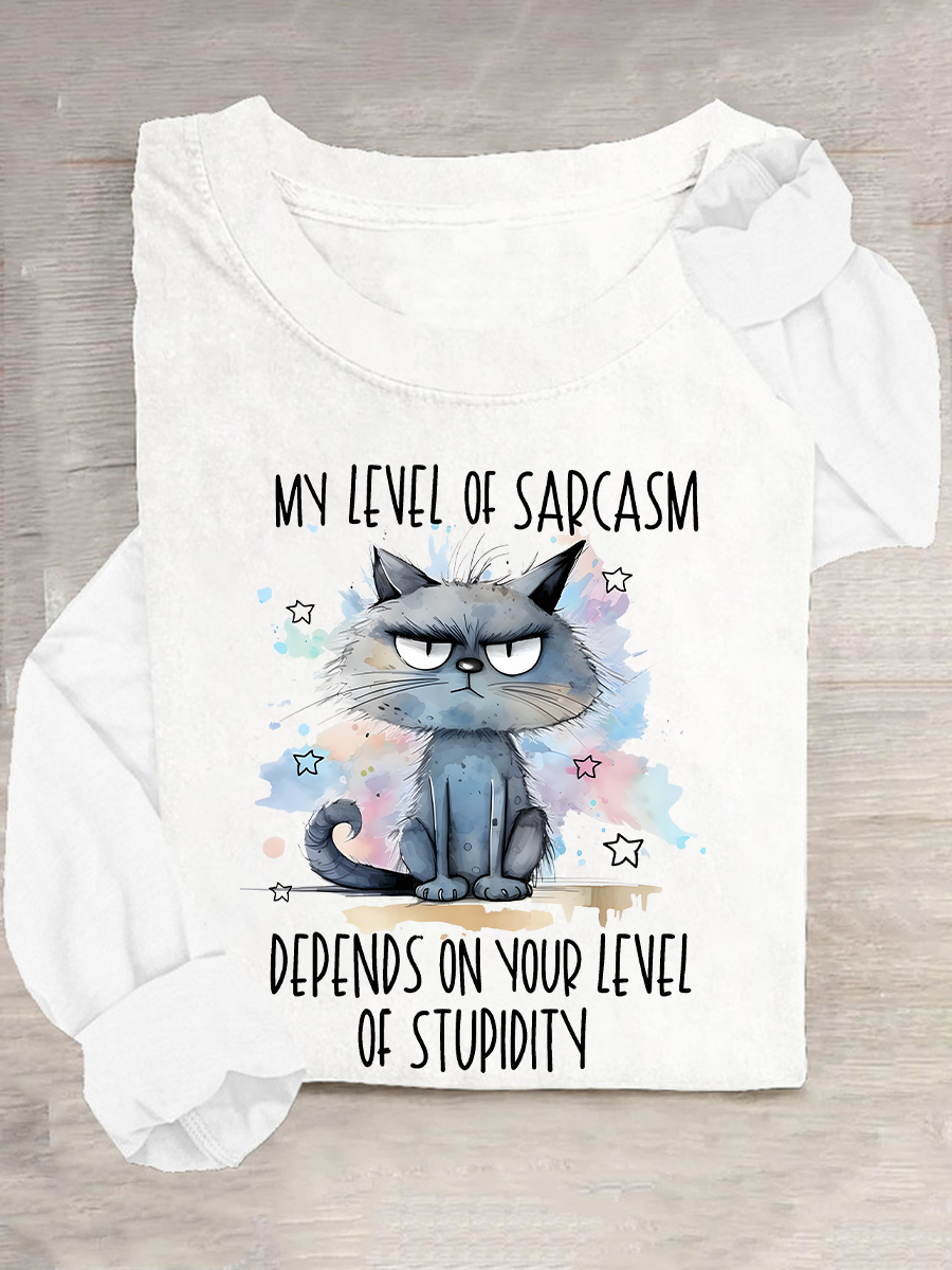 My Level Of Sarcasm Angry Cat Casual Long Sleeve Shirt