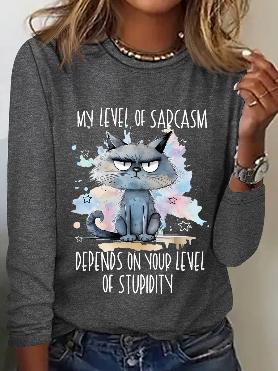 My Level Of Sarcasm Angry Cat Casual Long Sleeve Shirt