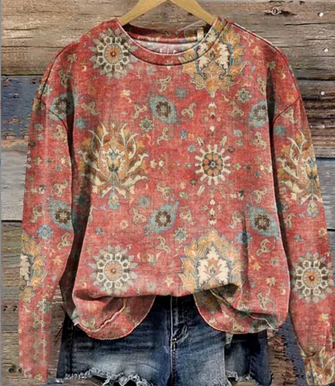 Women's Retro Ethnic Pattern Print Casual Sweatshirt