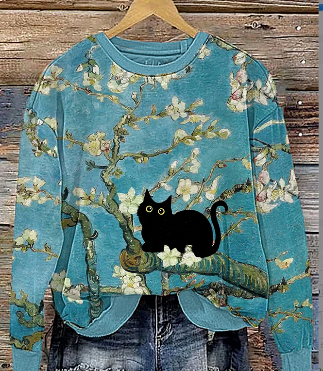 Almond Blossom Cat Art Painting Print Cotton Cozy Sweatshirt